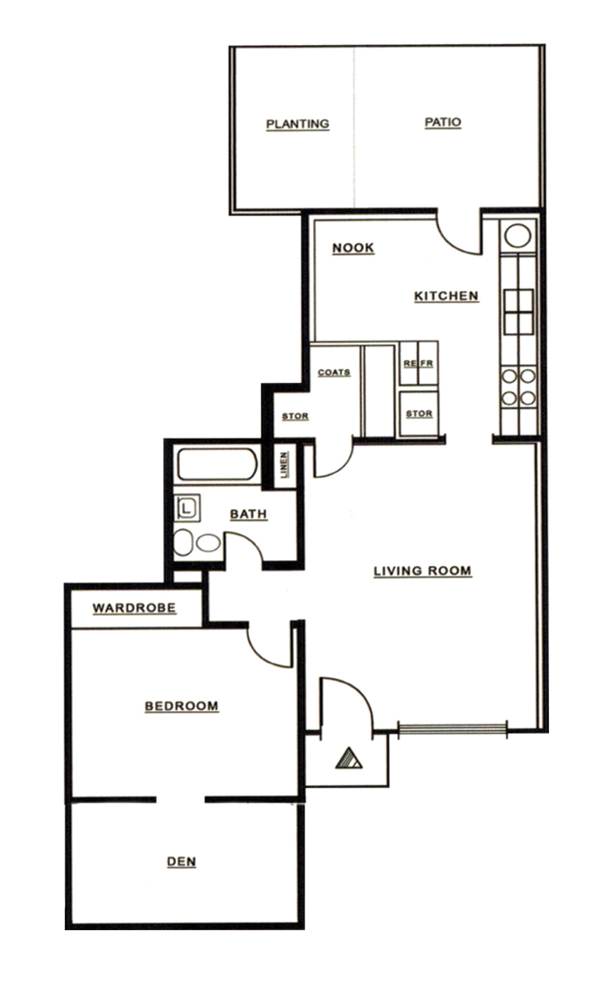 Floor plan for 1 bed, 1 bath, 810 sqft